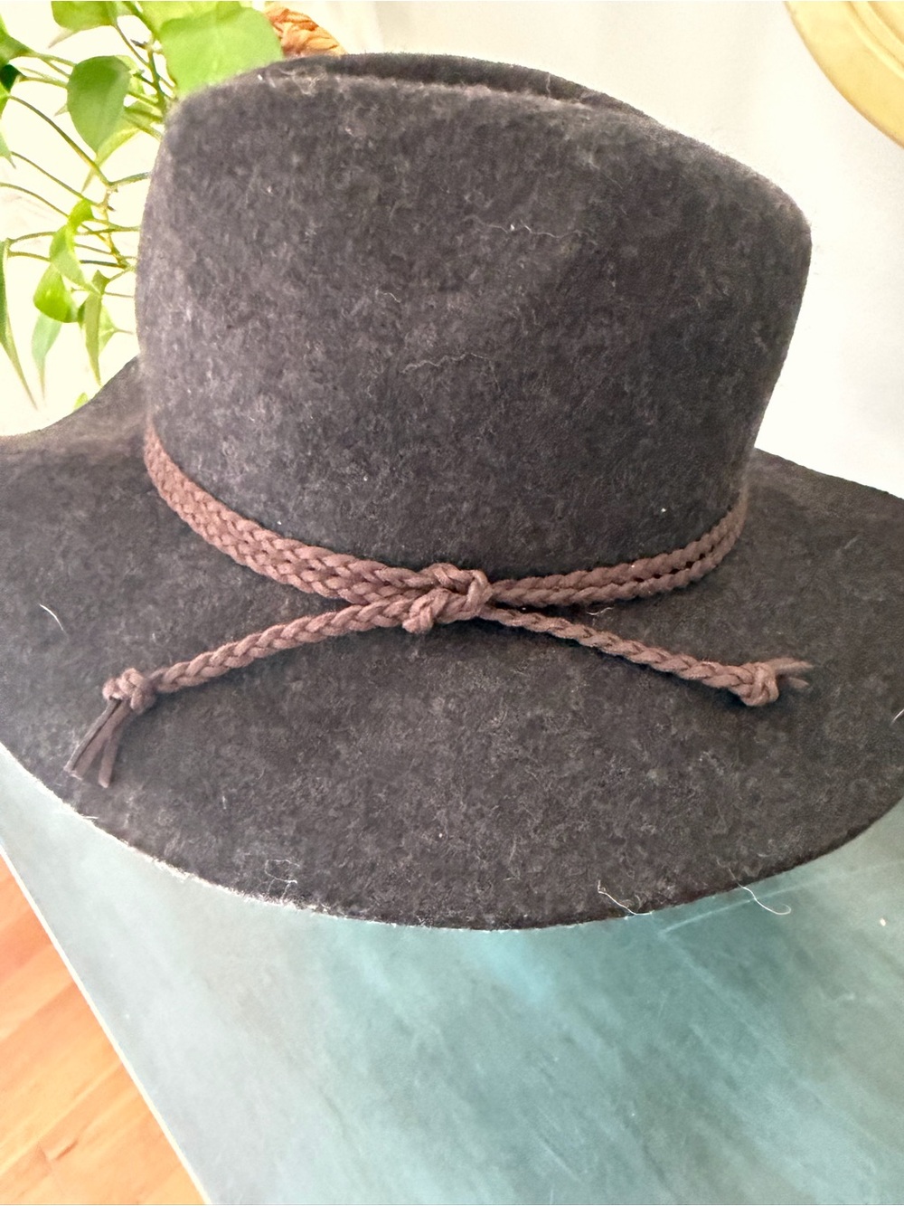SOMETHING SPECIAL brand FELT FEDORA style hat with brown braided leather band